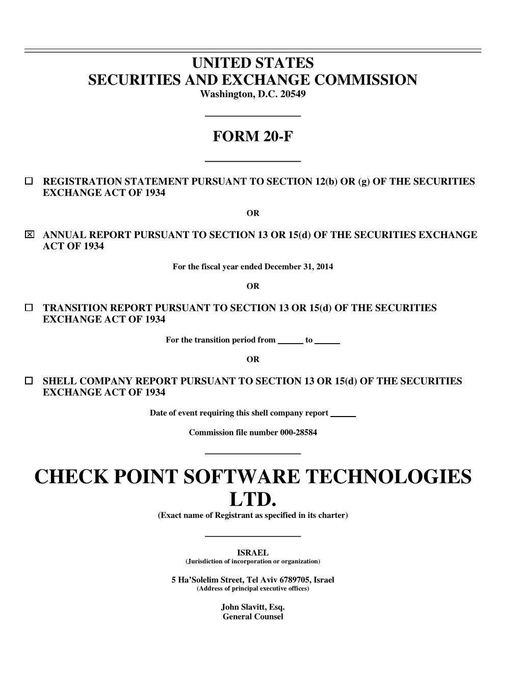 Check Point 2014 Securities Exchange Form 20-F