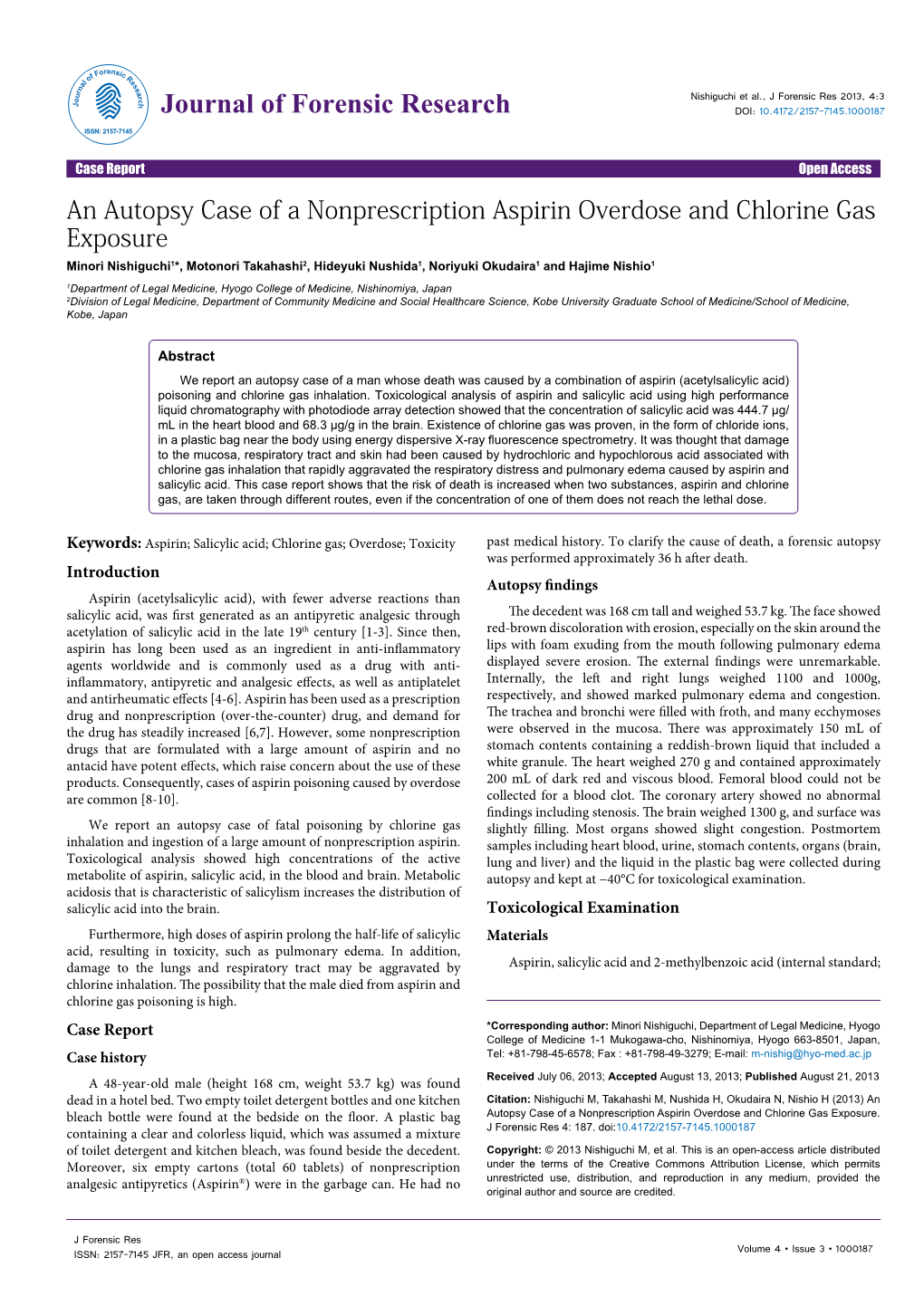 An Autopsy Case of a Nonprescription Aspirin Overdose and Chlorine