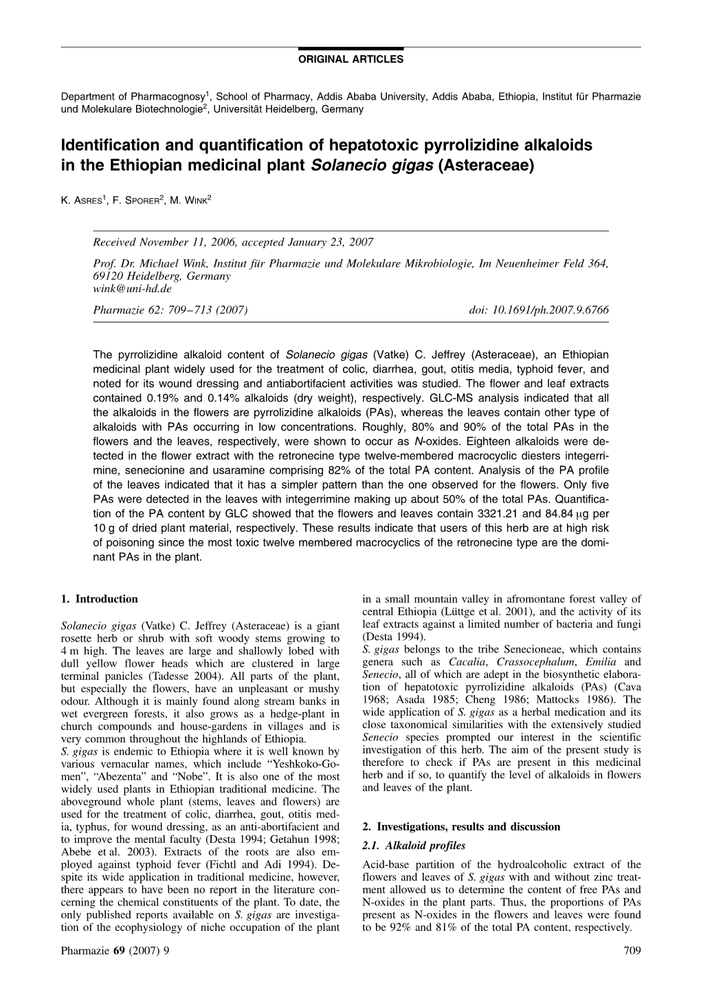 Identification and Quantification of Hepatotoxic Pyrrolizidine Alkaloids in the Ethiopian Medicinal Plant Solanecio Gigas (Asteraceae)