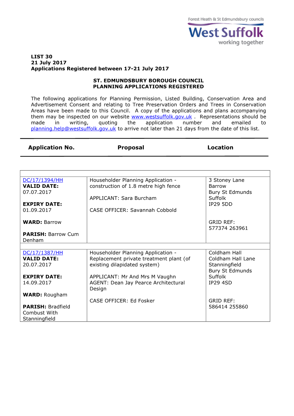 SEBC Planning Applications 30/17