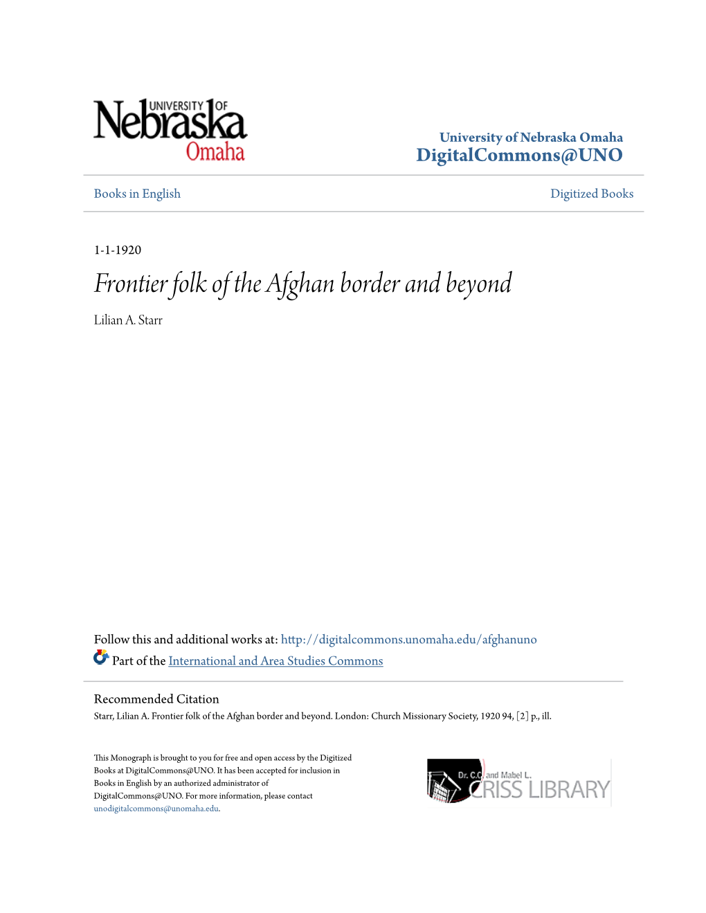 Frontier Folk of the Afghan Border and Beyond Lilian A