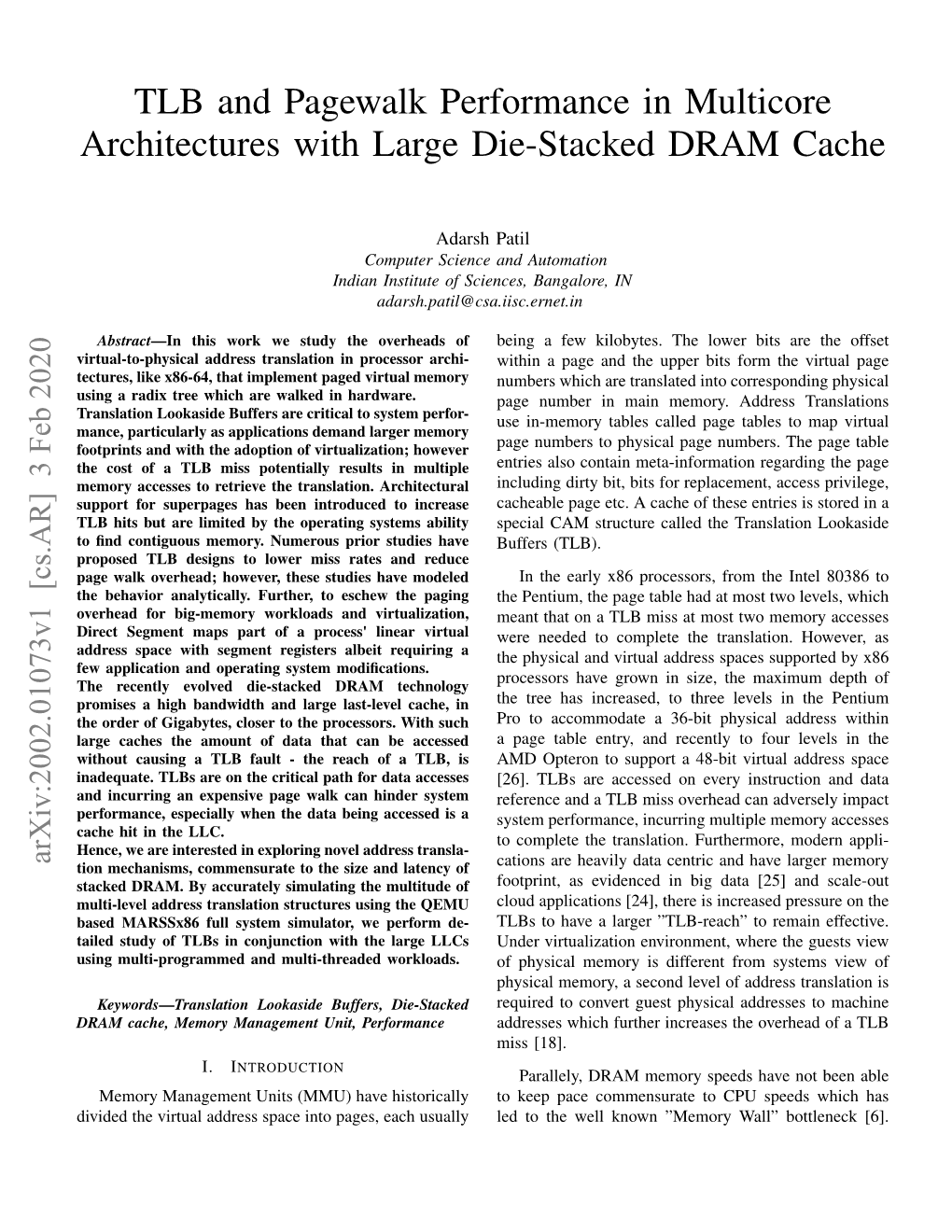 TLB and Pagewalk Performance in Multicore Architectures with Large Die-Stacked DRAM Cache