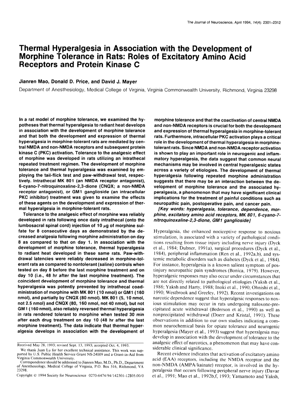 Thermal Hyperalgesia in Association with the Development of Morphine Tolerance in Rats: Roles of Excitatory Amino Acid Receptors and Protein Kinase C