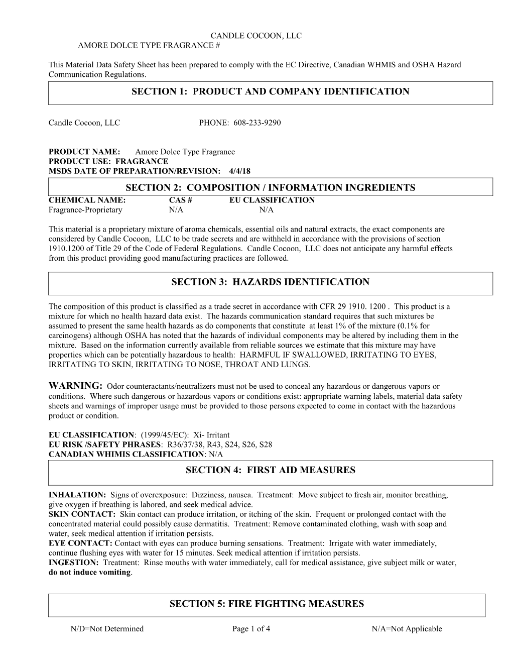 Candle Cocoon, Llc MSDS