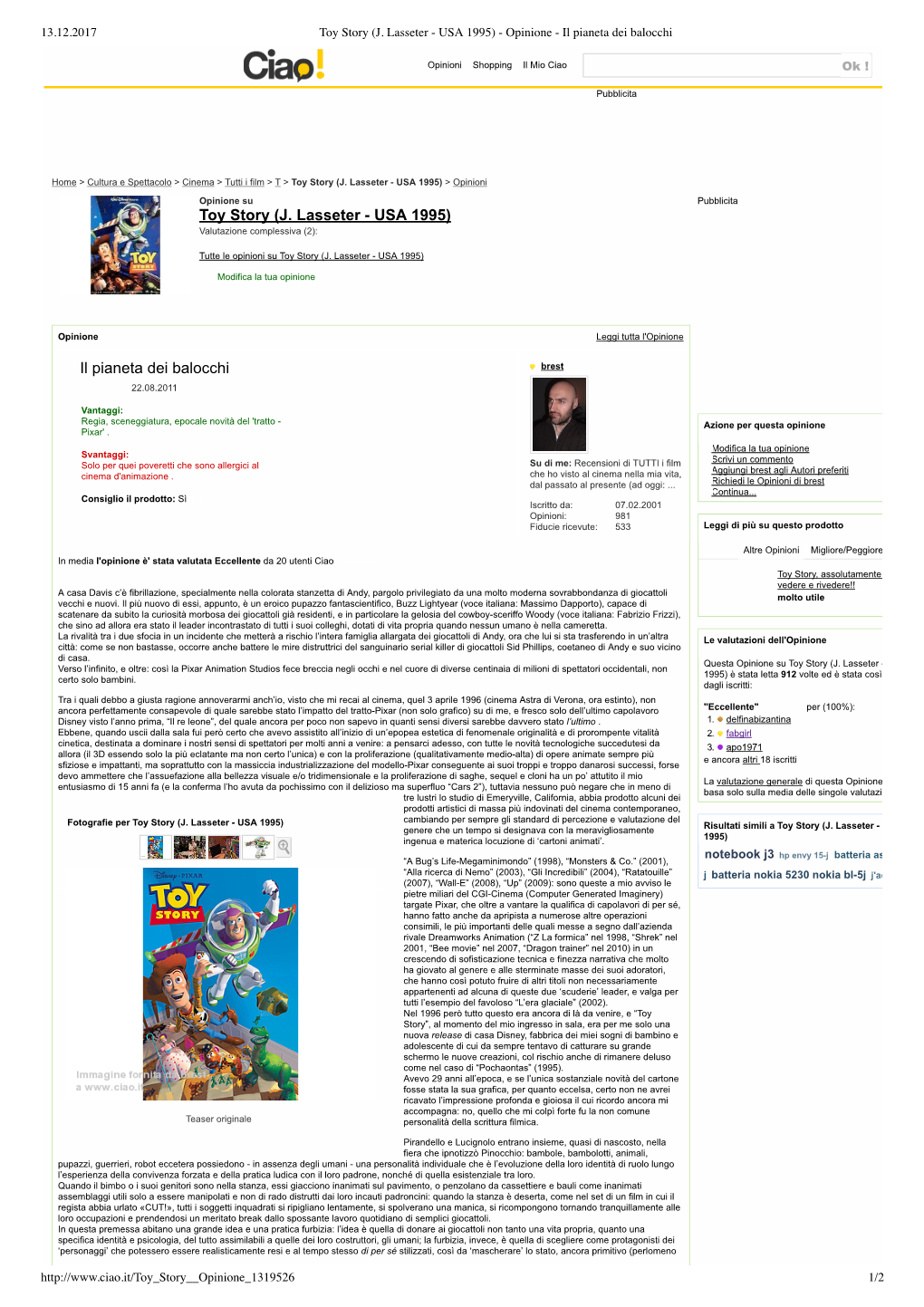 Toy Story (J. Lasseter - USA 1995) - Opinione - Il Pianeta Dei Balocchi