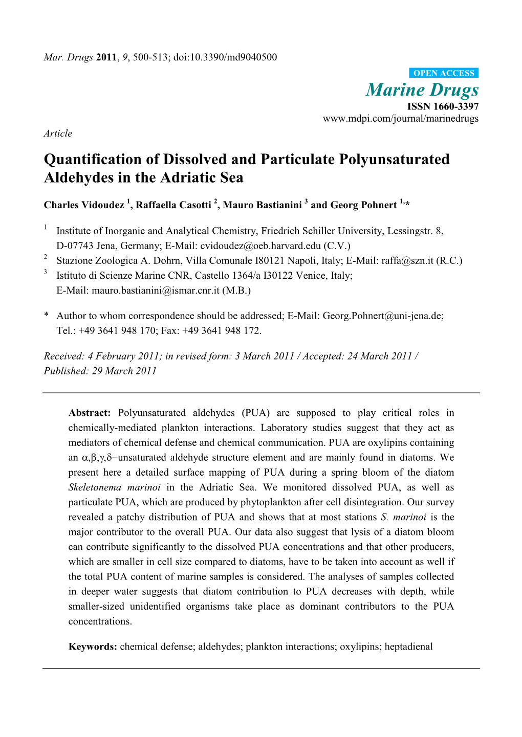 Marine Drugs ISSN 1660-3397 Article Quantification of Dissolved and Particulate Polyunsaturated Aldehydes in the Adriatic Sea