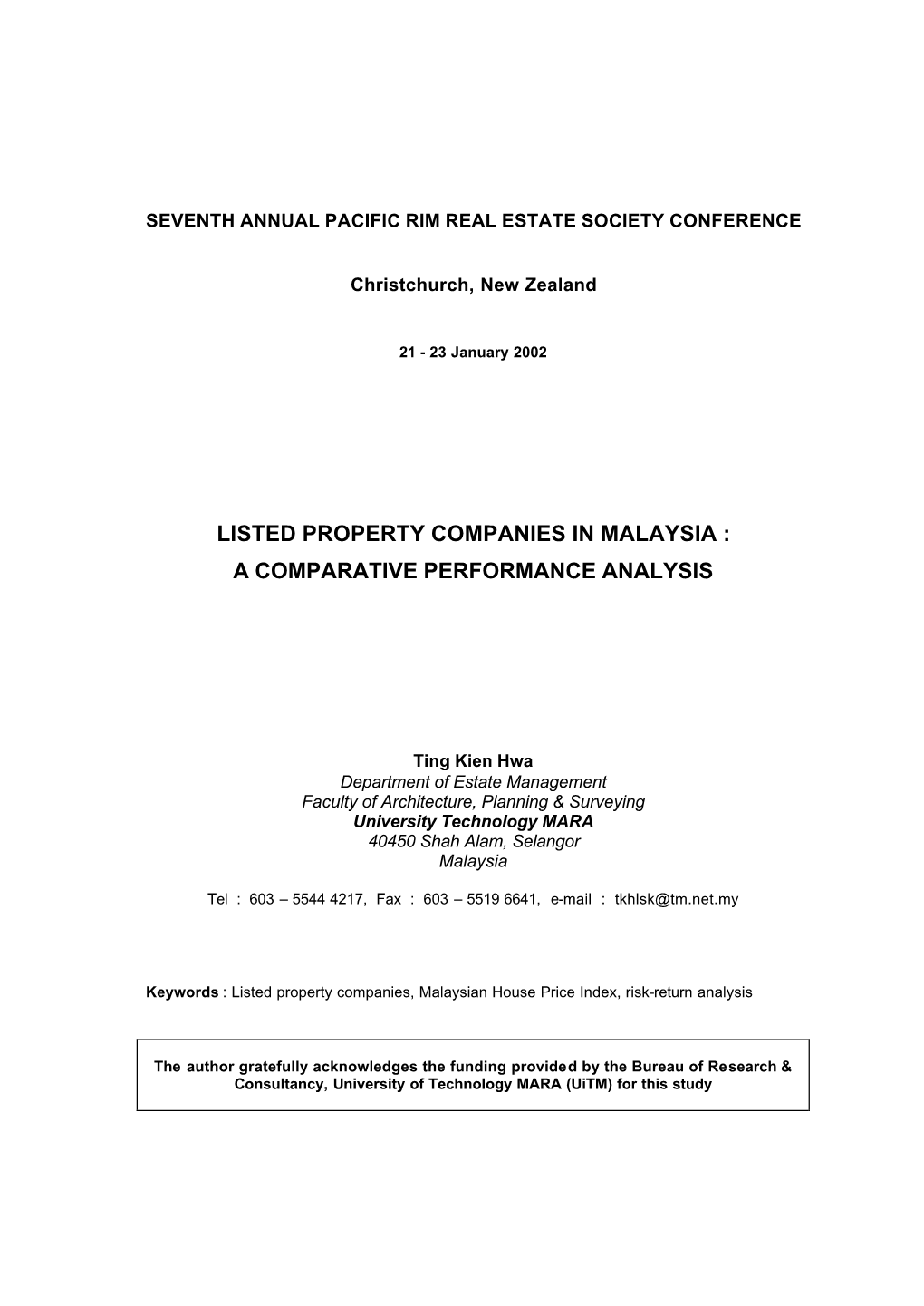 Listed Property Companies in Malaysia : a Comparative Performance Analysis