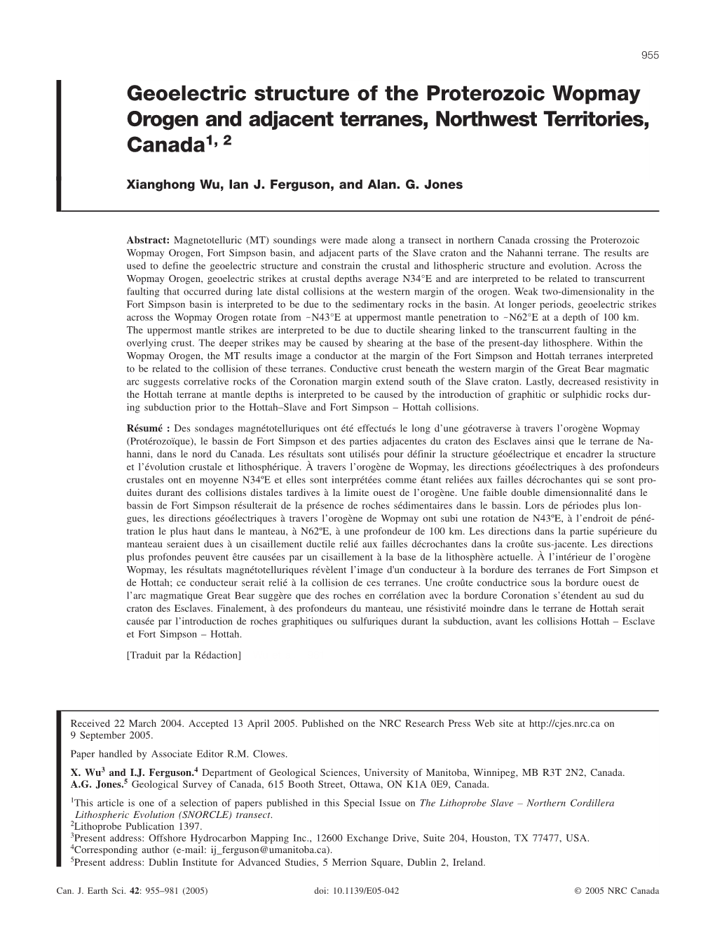 Geoelectric Structure of the Proterozoic Wopmay Orogen and Adjacent Terranes, Northwest Territories, Canada1, 2