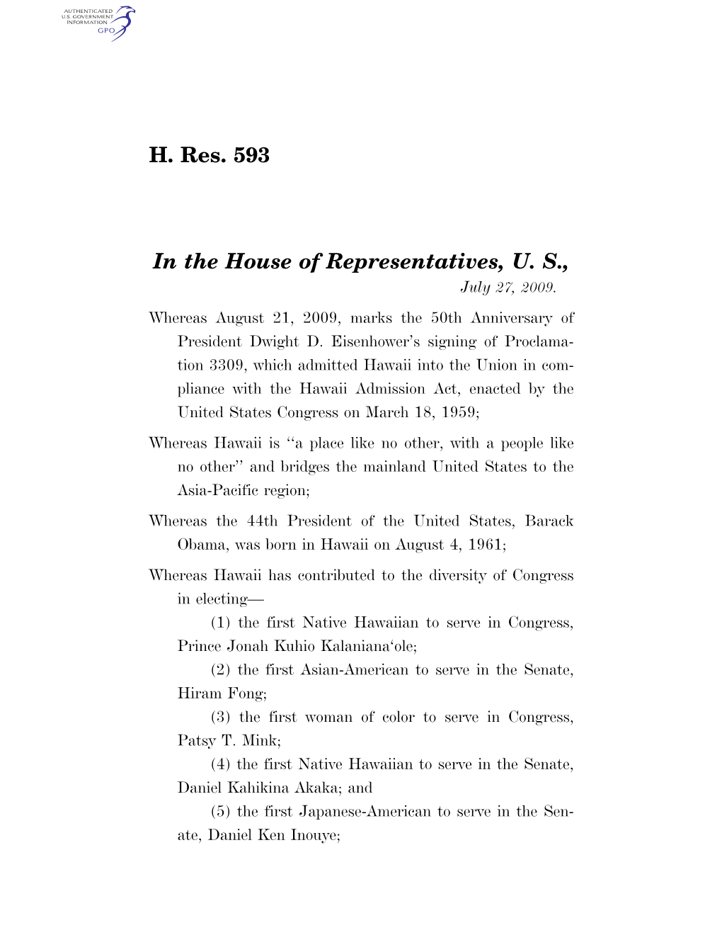 H. Res. 593 in the House of Representatives, U