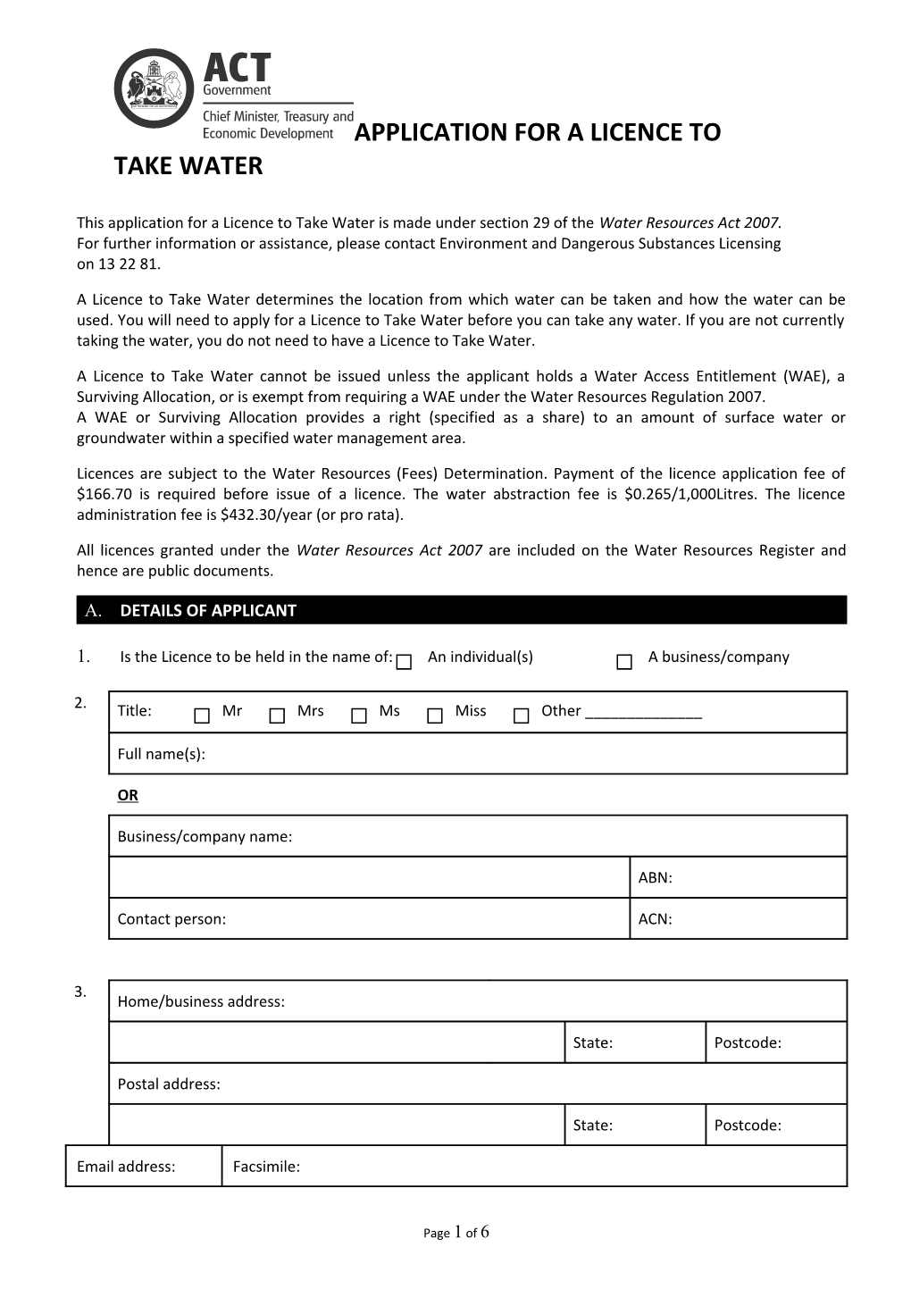 Water Access Entitlement Application