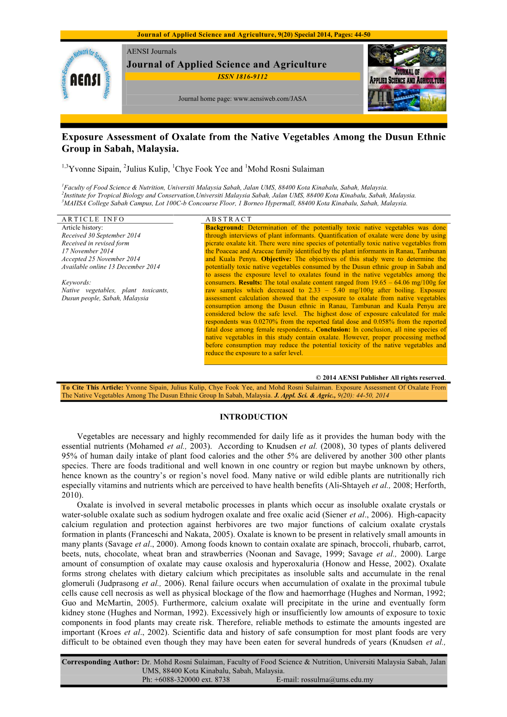 Journal of Applied Science and Agriculture Exposure Assessment of Oxalate from the Native Vegetables Among the Dusun Ethnic Grou