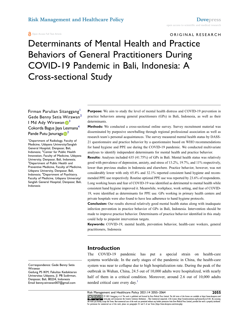 Determinants of Mental Health and Practice Behaviors of General Practitioners During COVID-19 Pandemic in Bali, Indonesia: a Cross-Sectional Study