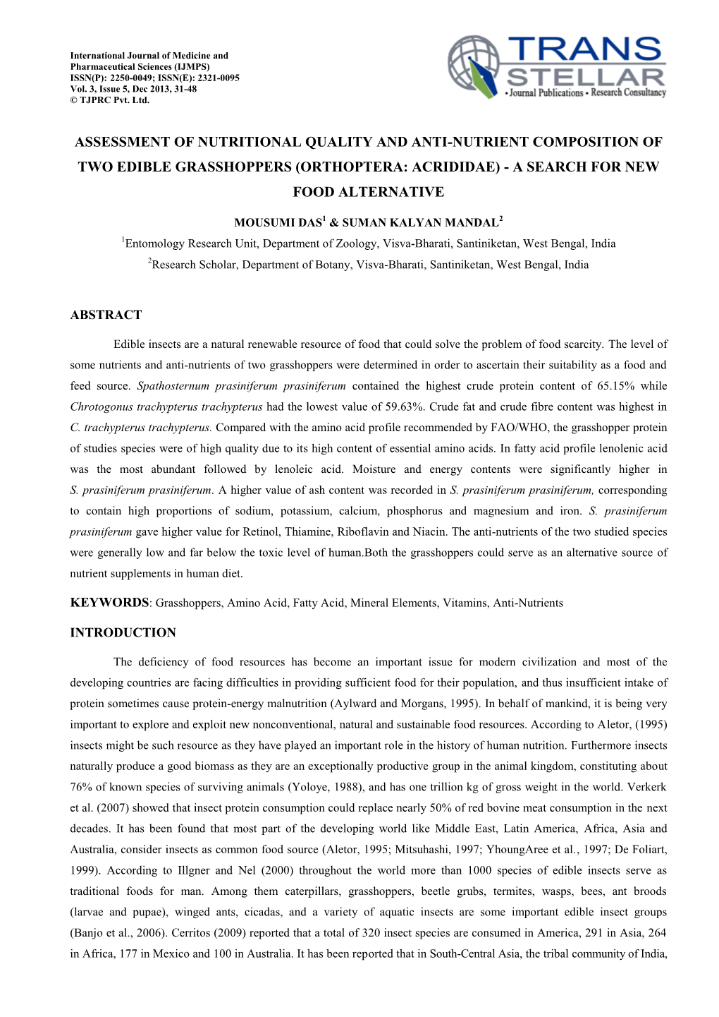 Assessment of Nutritional Quality and Anti-Nutrient Composition of Two Edible Grasshoppers (Orthoptera: Acrididae) - a Search for New Food Alternative