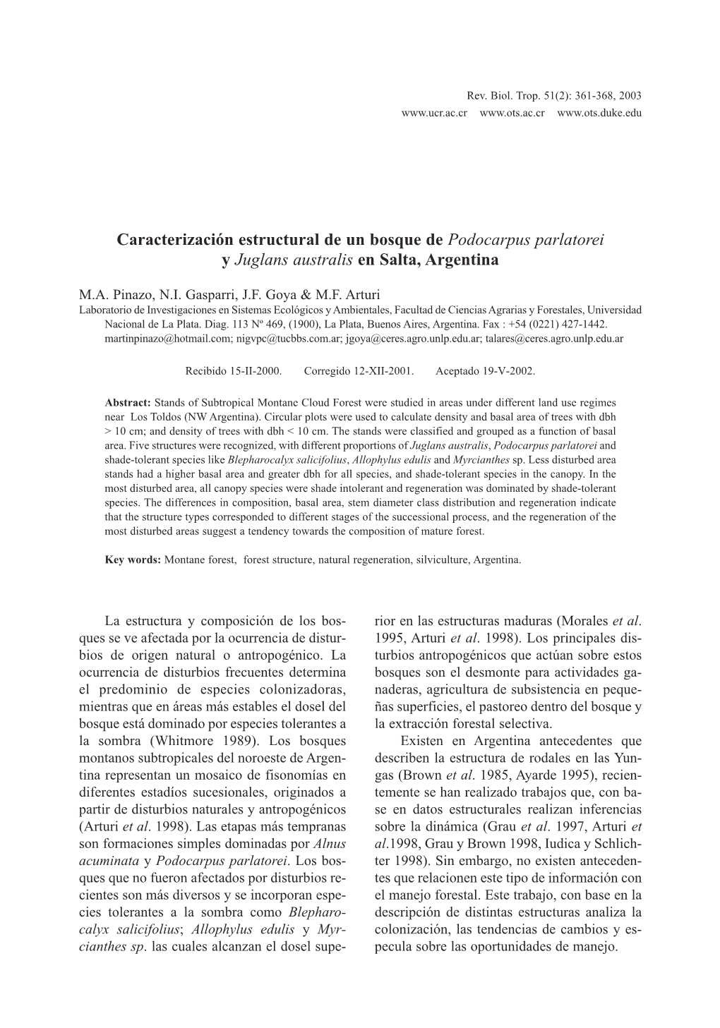 Caracterización Estructural De Un Bosque De Podocarpus Parlatorei Y Juglans Australis En Salta, Argentina