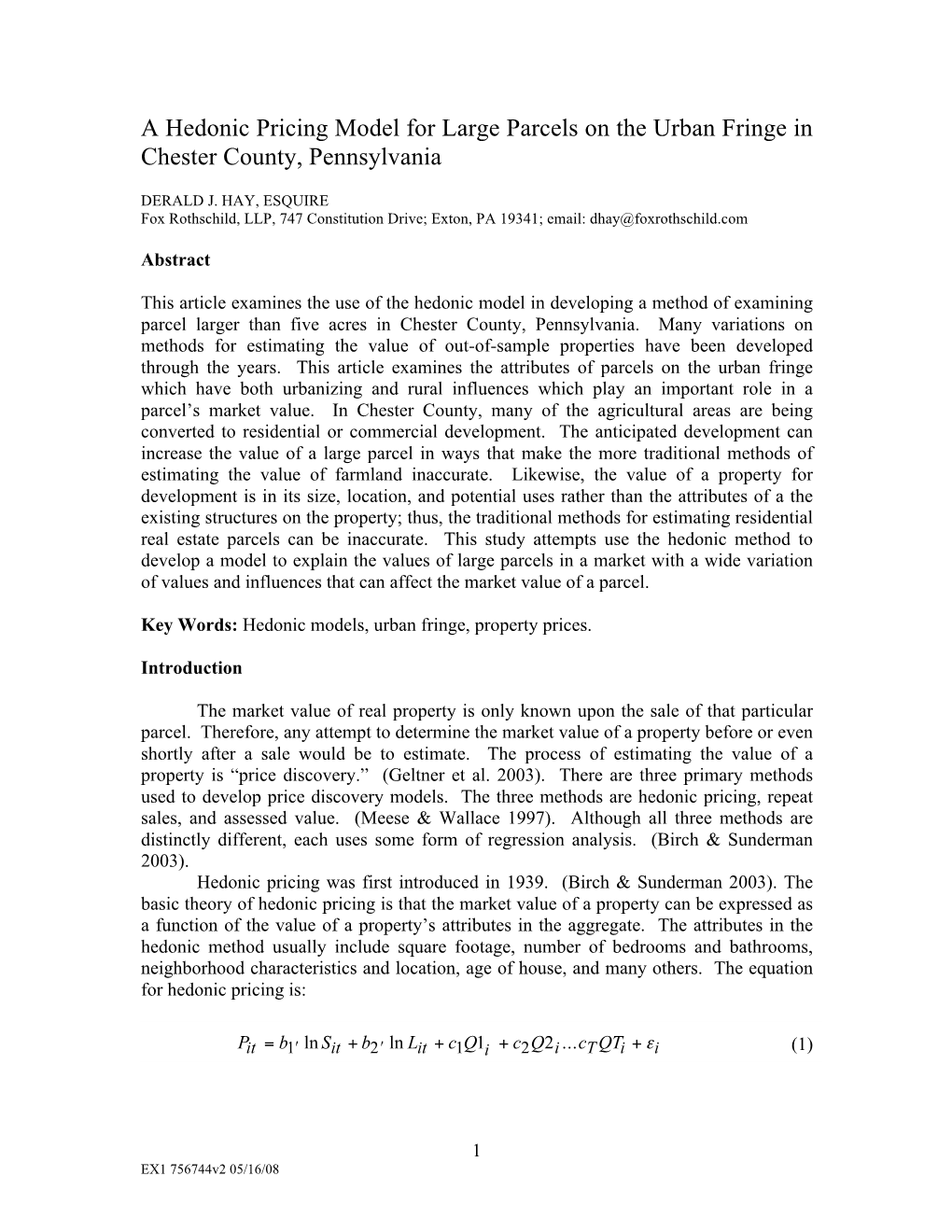 A Hedonic Pricing Model for Large Parcels on the Urban Fringe in Chester County, Pennsylvania
