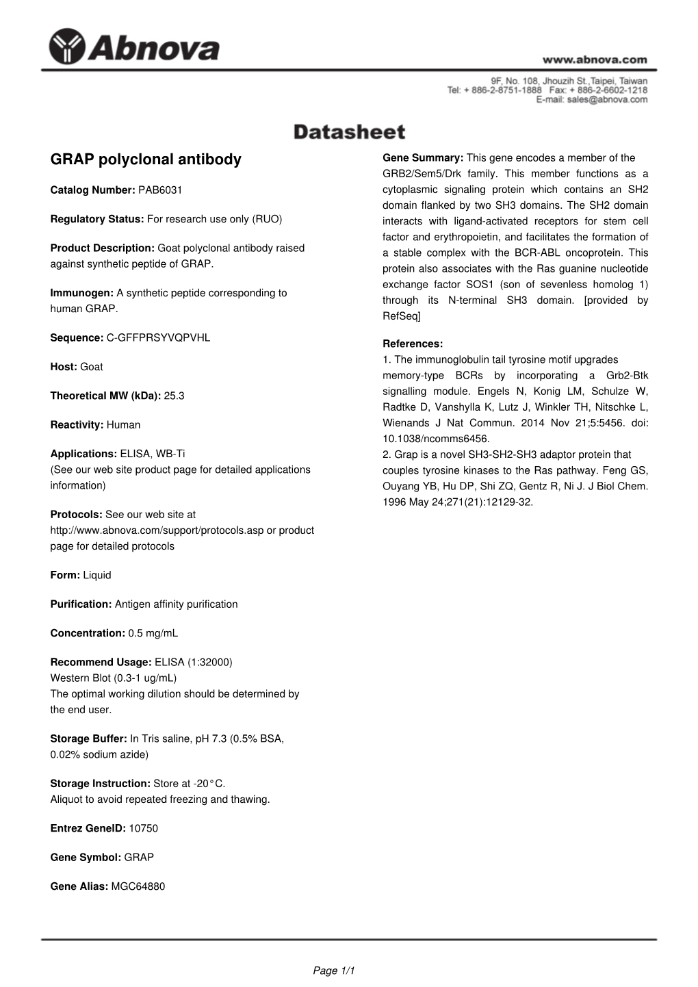 GRAP Polyclonal Antibody Gene Summary: This Gene Encodes a Member of the GRB2/Sem5/Drk Family