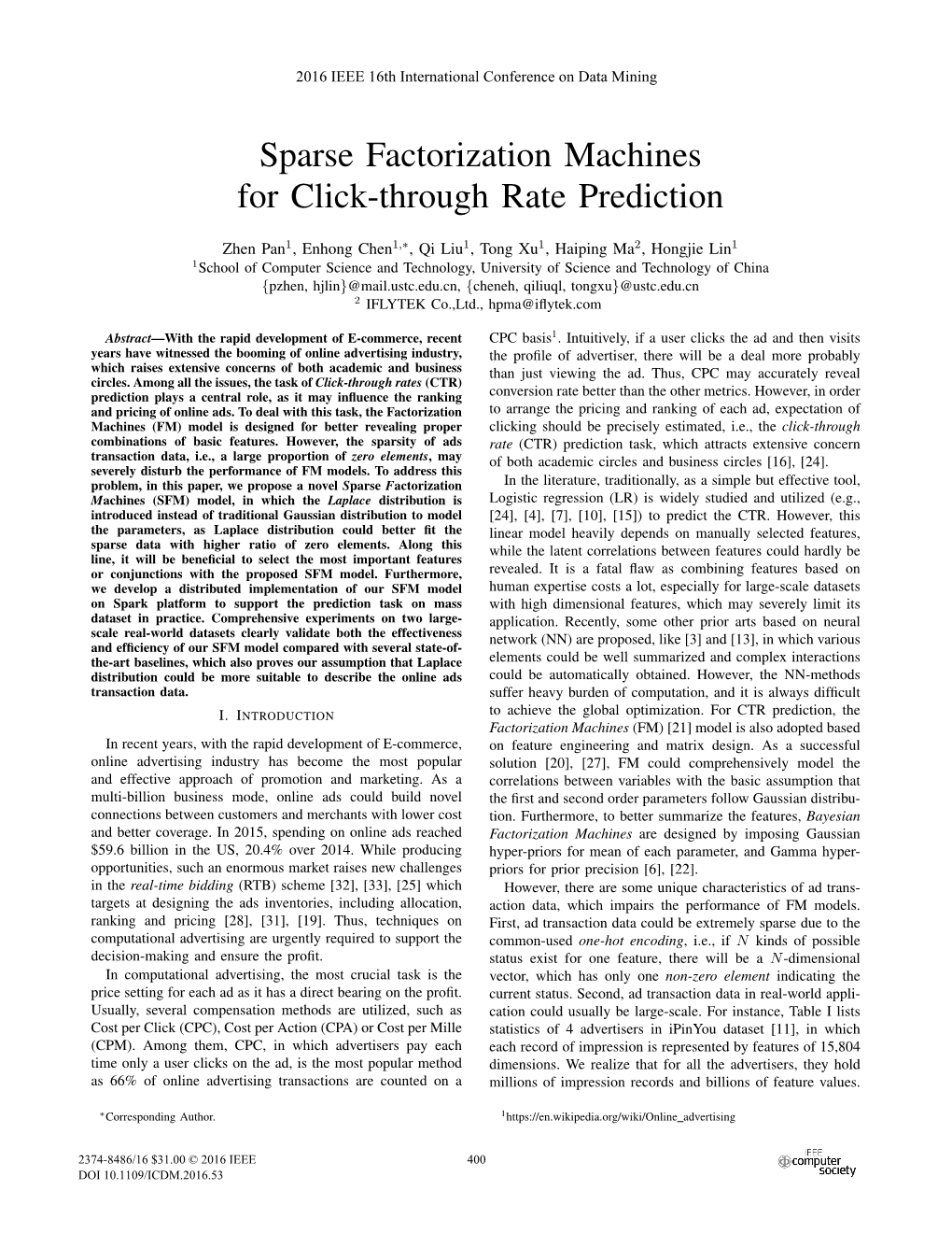 Sparse Factorization Machines for Click-Through Rate Prediction