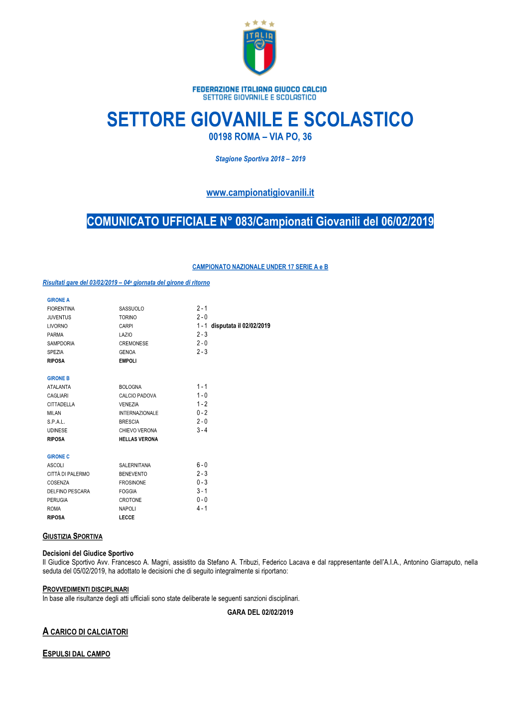 Settore Giovanile E Scolastico 00198 Roma – Via Po, 36