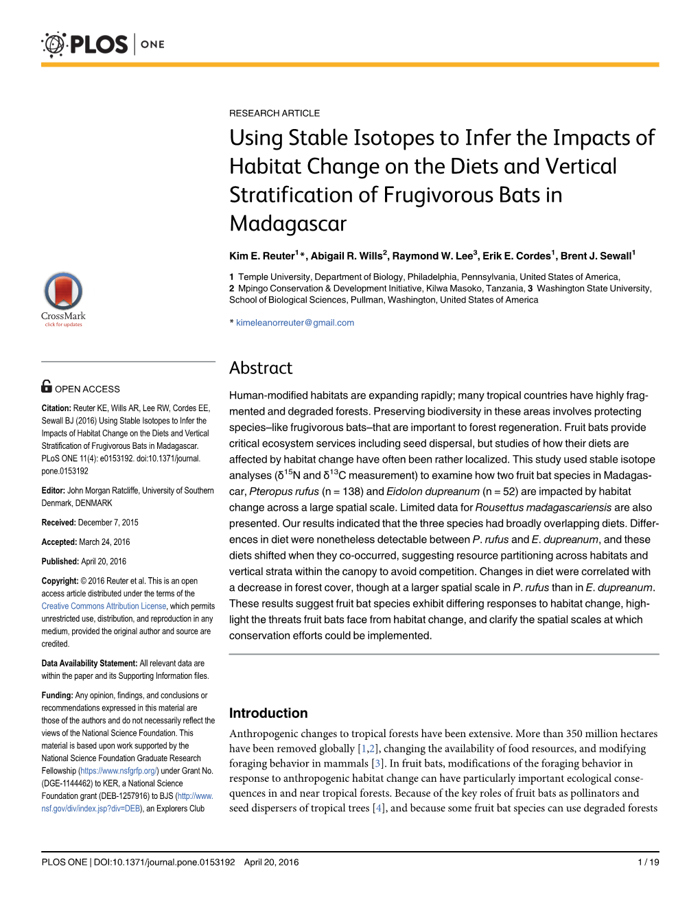 Using Stable Isotopes to Infer the Impacts of Habitat Change on the Diets and Vertical Stratification of Frugivorous Bats in Madagascar