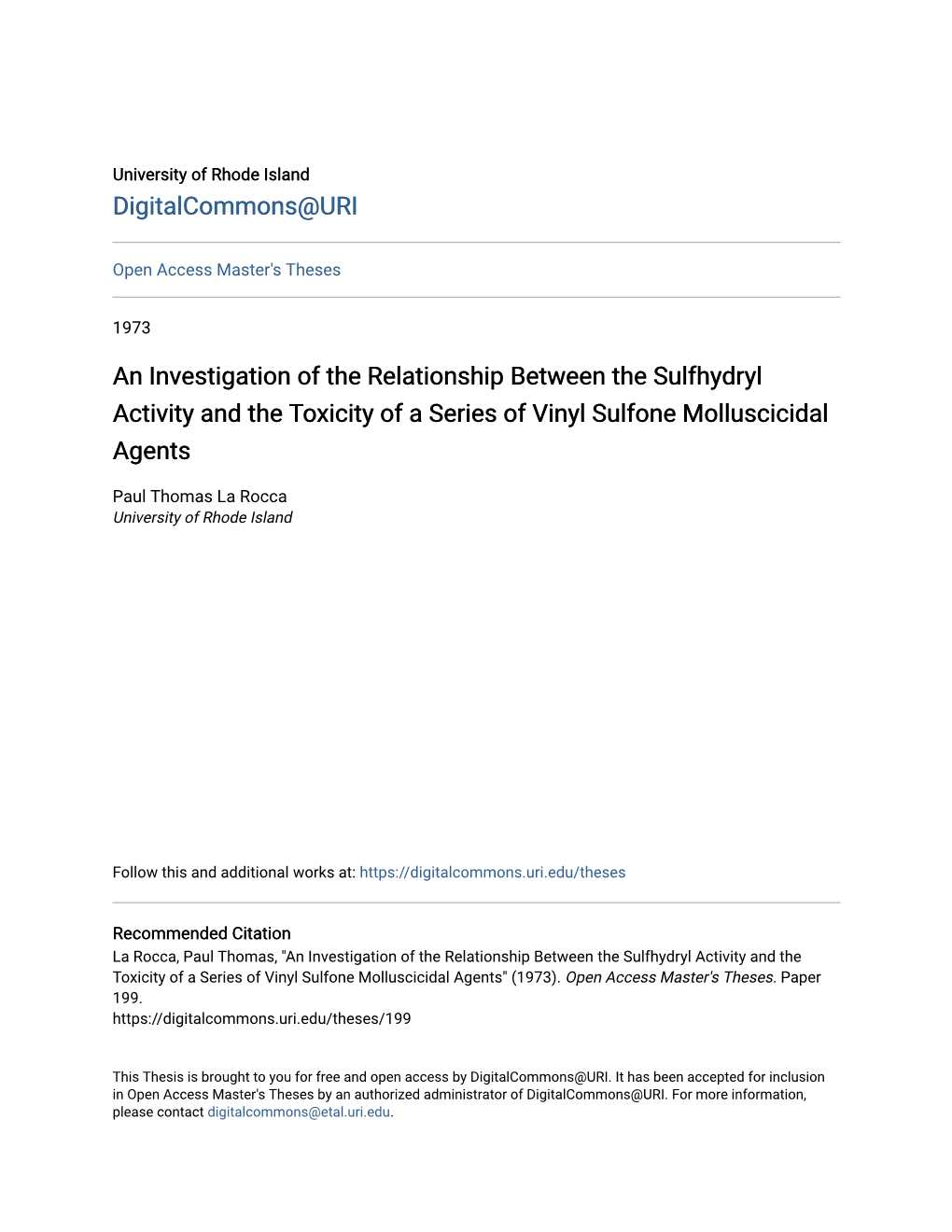 An Investigation of the Relationship Between the Sulfhydryl Activity and the Toxicity of a Series of Vinyl Sulfone Molluscicidal Agents