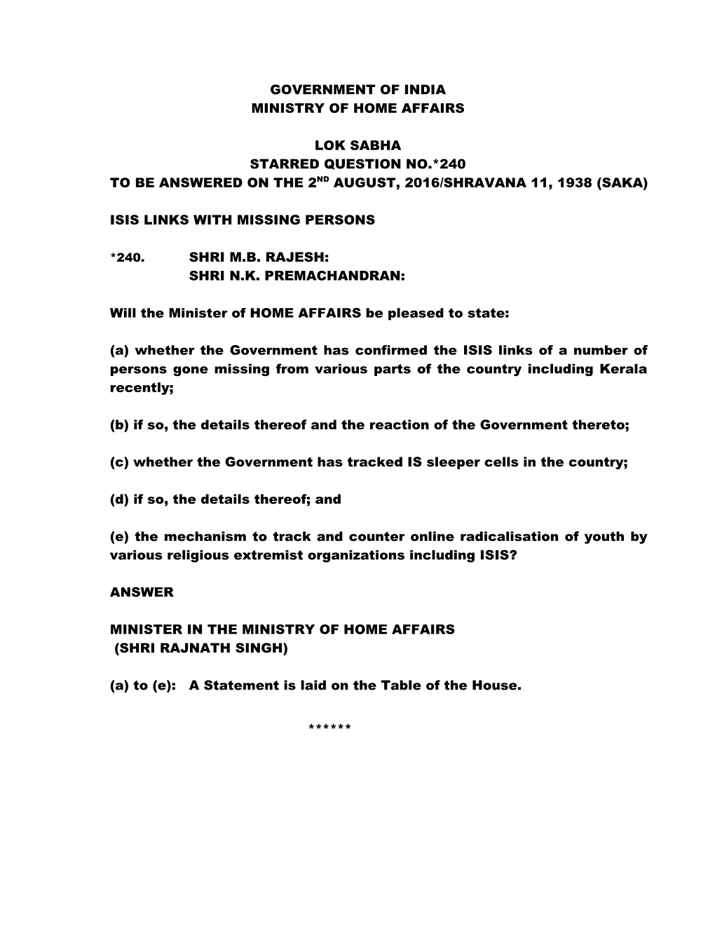 Government of India Ministry of Home Affairs Lok Sabha