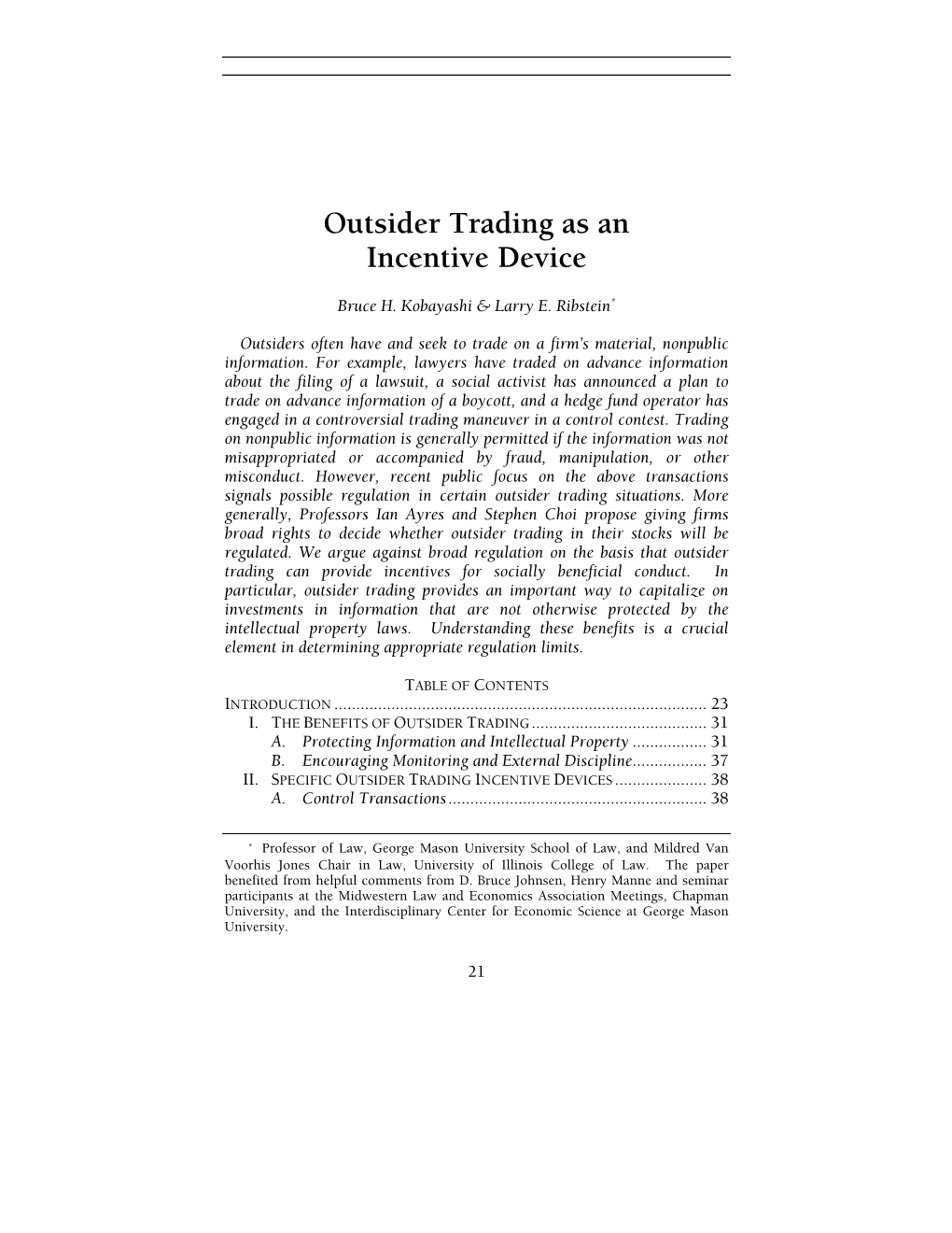 Outsider Trading As an Incentive Device