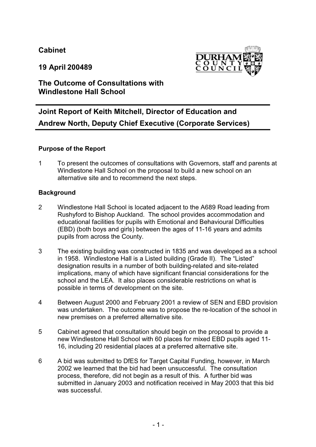 Cabinet 19 April 200489 the Outcome of Consultations with Windlestone