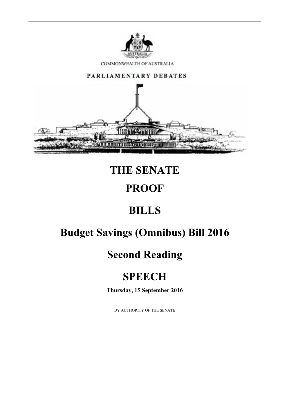 THE SENATE PROOF BILLS Budget Savings (Omnibus) Bill 2016