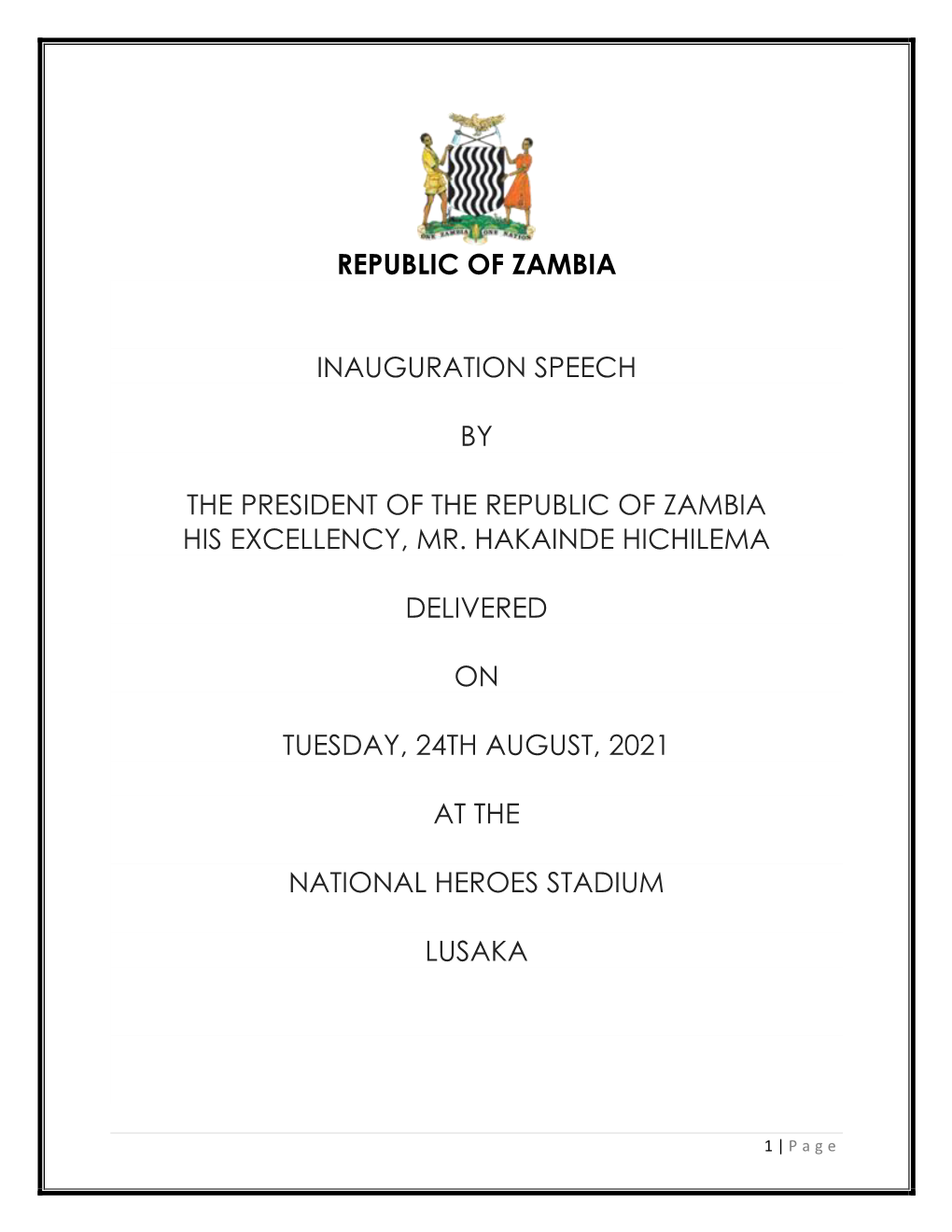 Inauguration Speech by the President of the Republic Of