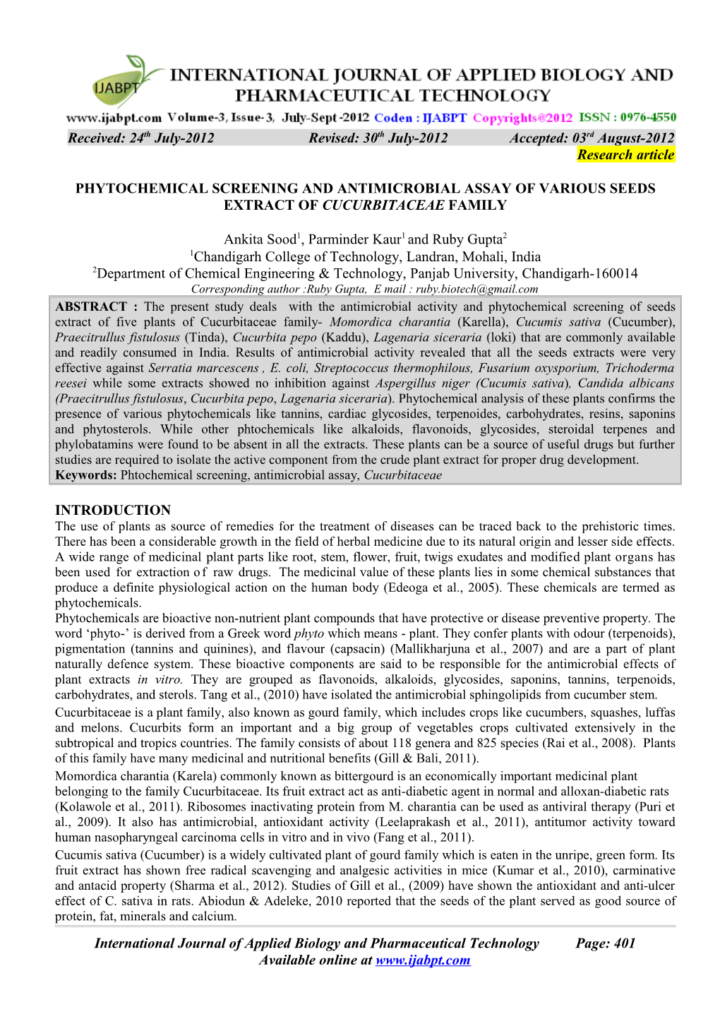 Phytochemical Screening and Antimicrobial Assay of Various Seeds Extract of Cucurbitaceae Family