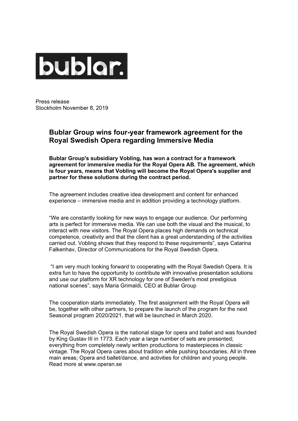 Bublar Group Wins Four-Year Framework Agreement for the Royal Swedish Opera Regarding Immersive Media