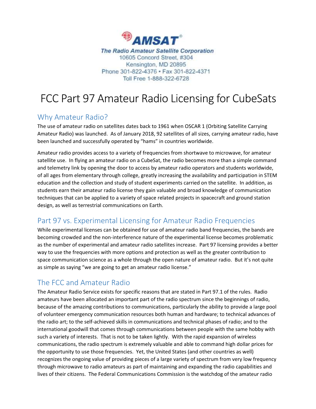 FCC Part 97 Amateur Radio Licensing for Cubesats