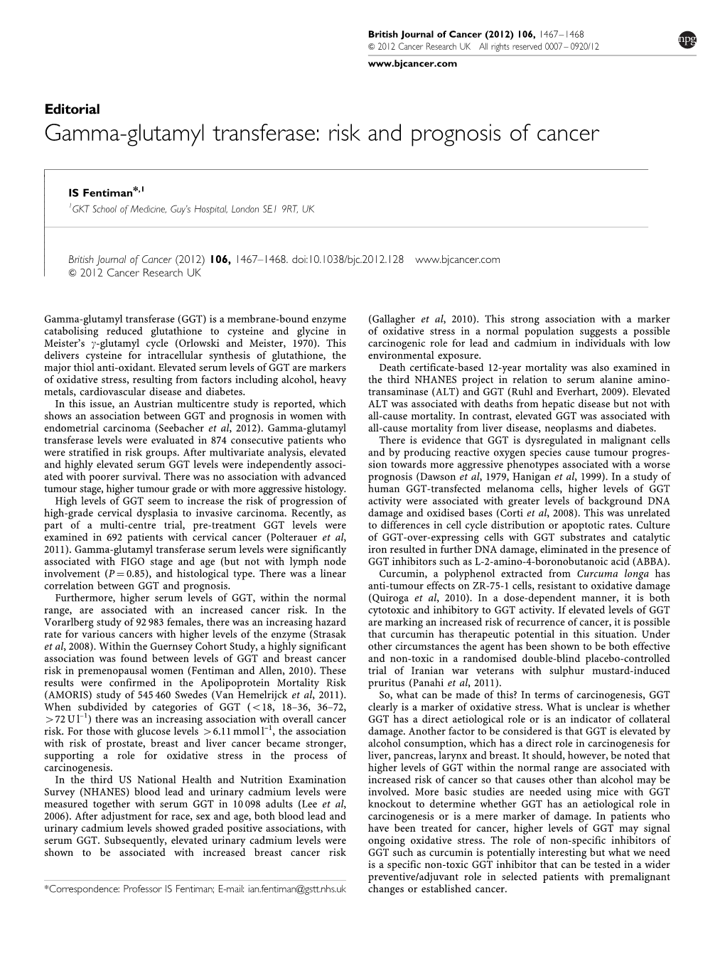 Gamma-Glutamyl Transferase: Risk and Prognosis of Cancer