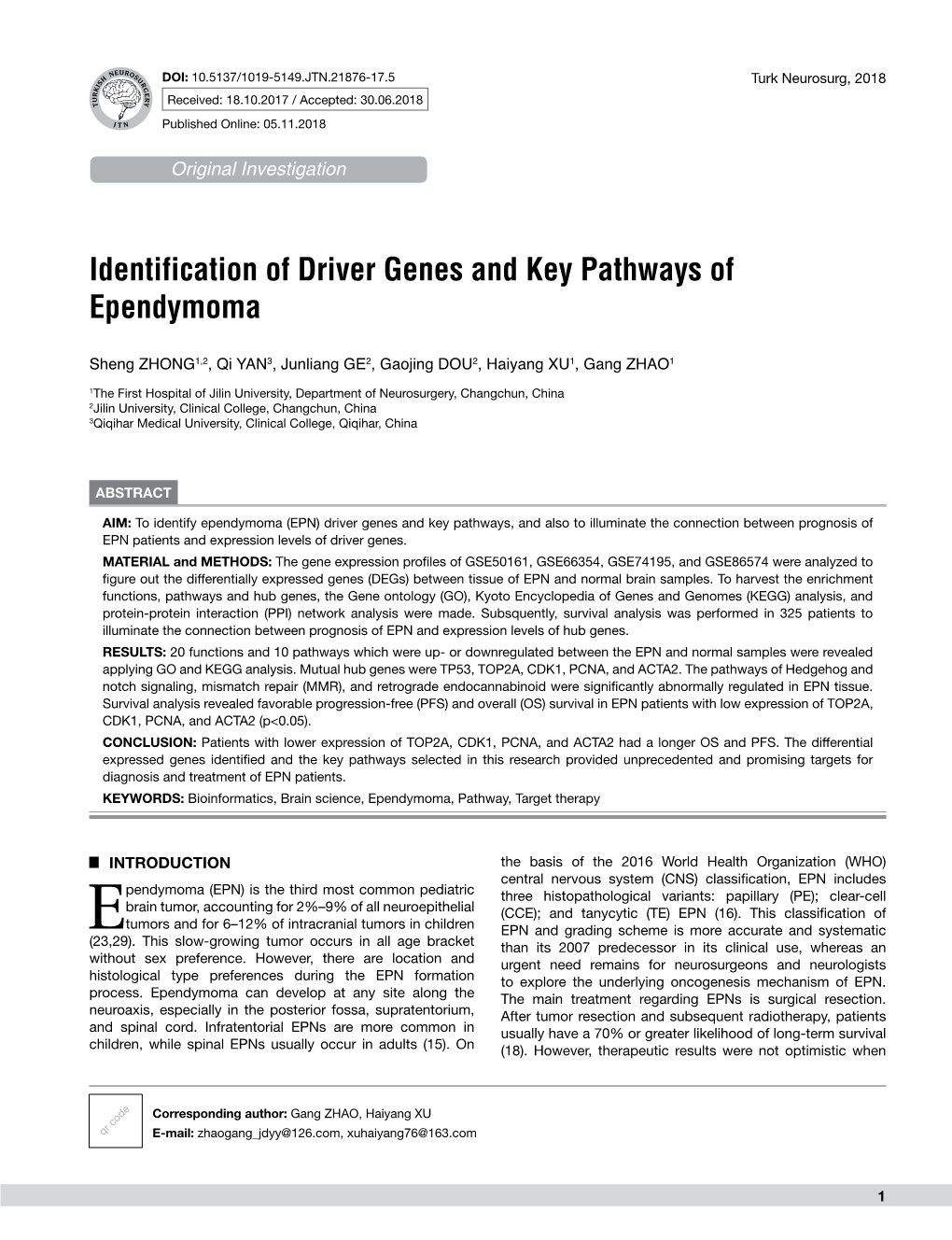 Identification of Driver Genes and Key Pathways of Ependymoma