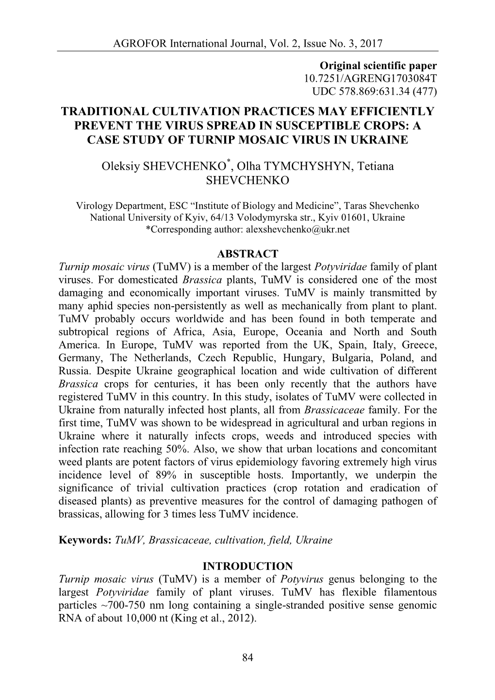 Traditional Cultivation Practices May Efficiently Prevent the Virus Spread in Susceptible Crops: a Case Study of Turnip Mosaic Virus in Ukraine