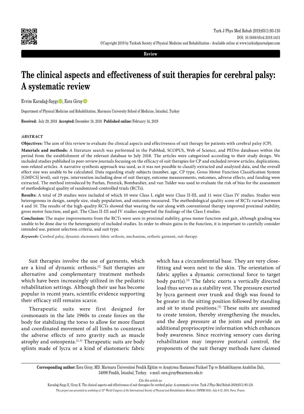 The Clinical Aspects and Effectiveness of Suit Therapies for Cerebral Palsy: a Systematic Review