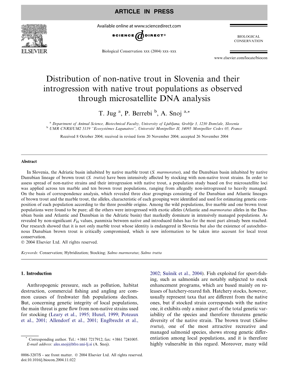 Distribution of Non-Native Trout in Slovenia and Their Introgression with Native Trout Populations As Observed Through Microsatellite DNA Analysis