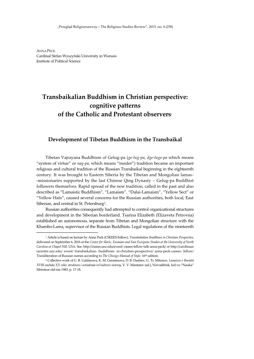 Transbaikalian Buddhism in Christian Perspective: Cognitive Patterns of the Catholic and Protestant Observers1