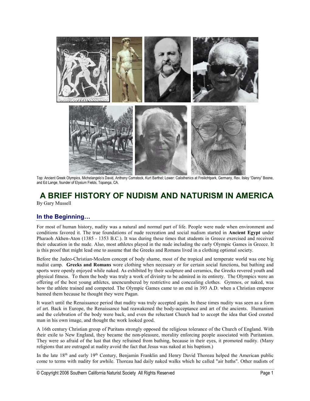 BRIEF HISTORY of NUDISM and NATURISM in AMERICA by Gary Mussell