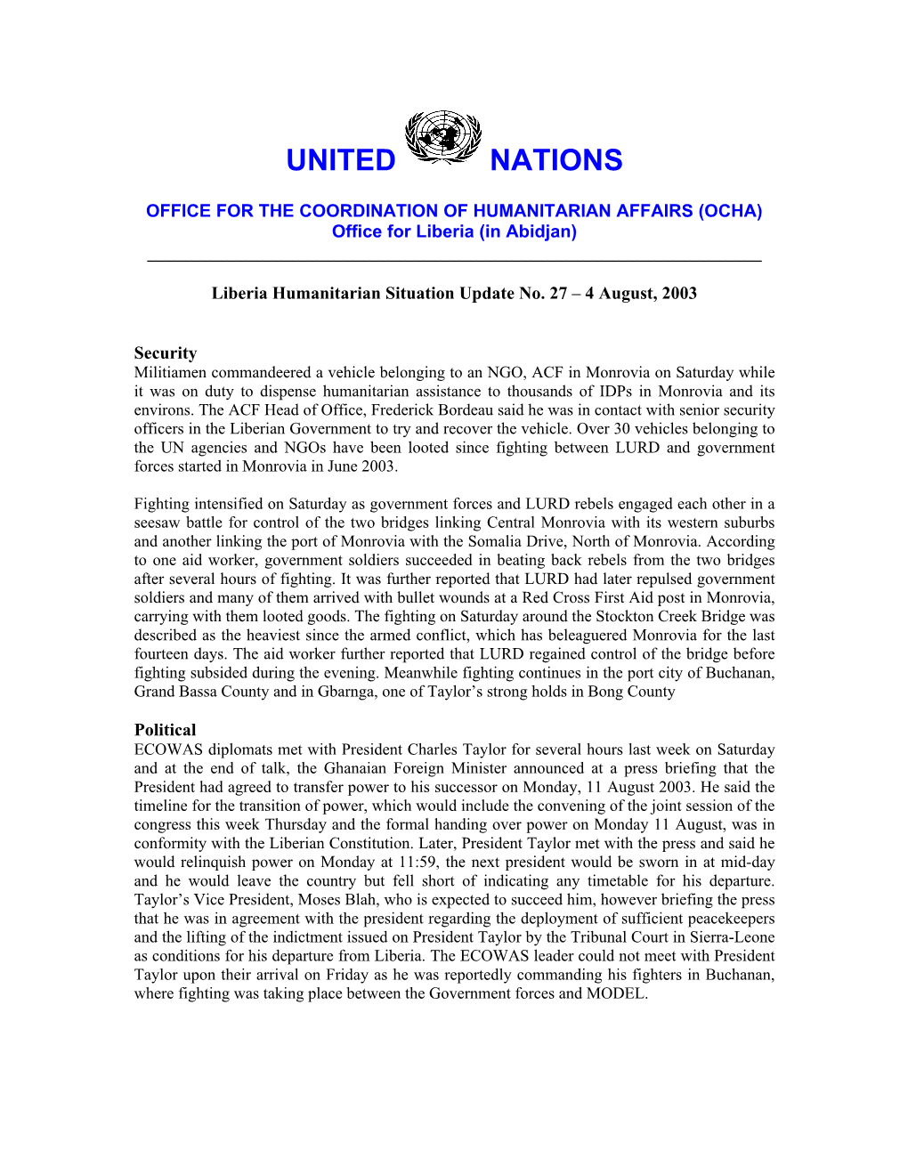 Liberia Humanitarian Update No. 27 4 August 2003