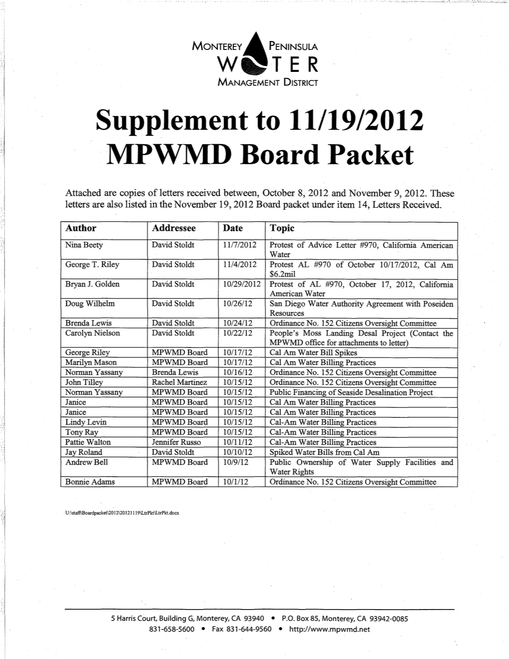 Supplement to 11/19/2012 MPWMD Board Packet