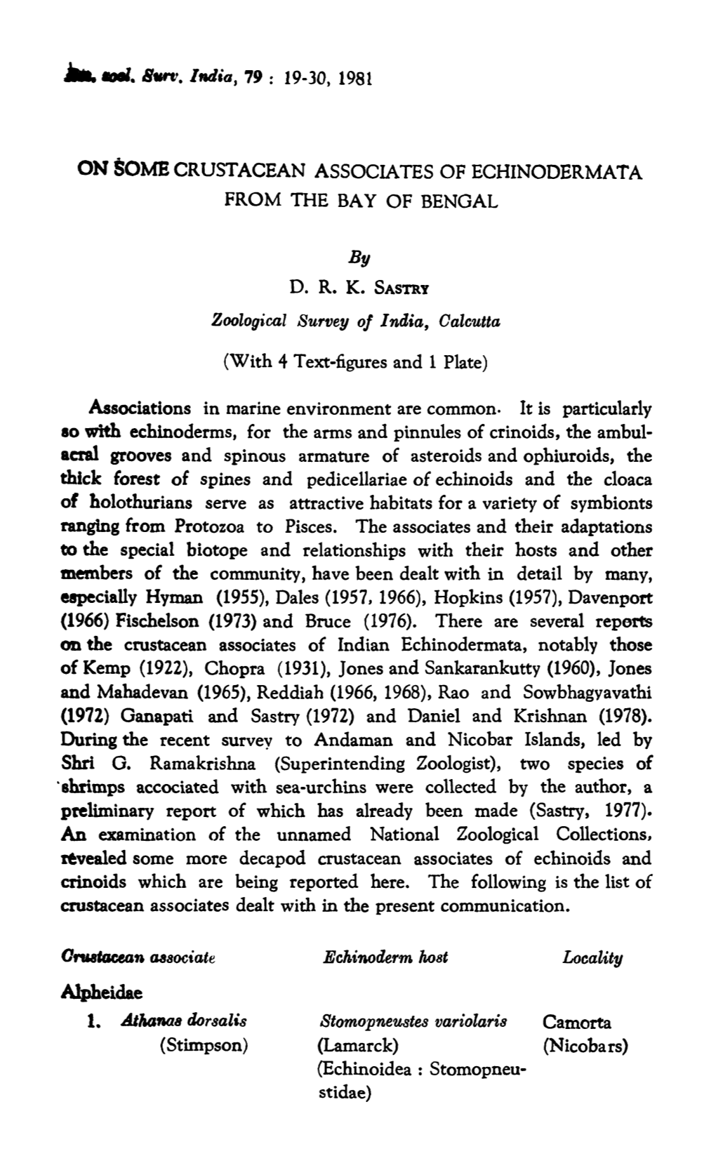 D. R. K. SASTRY Zoological Survey Oj India, Oalcutta