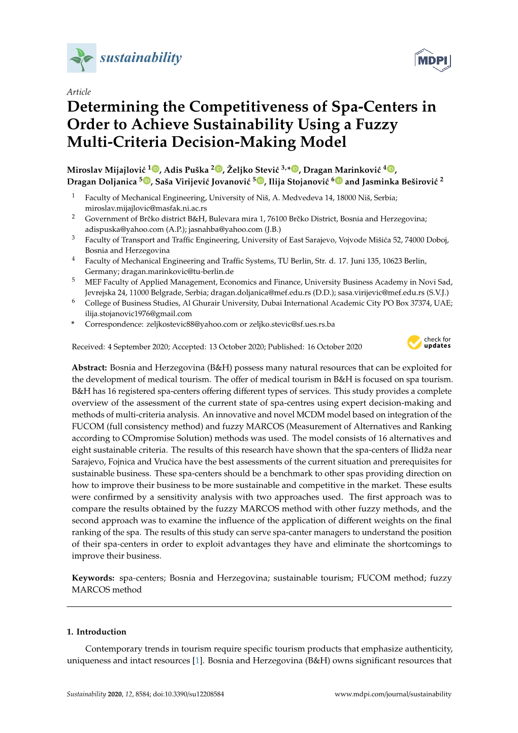 Determining the Competitiveness of Spa-Centers in Order to Achieve Sustainability Using a Fuzzy Multi-Criteria Decision-Making Model