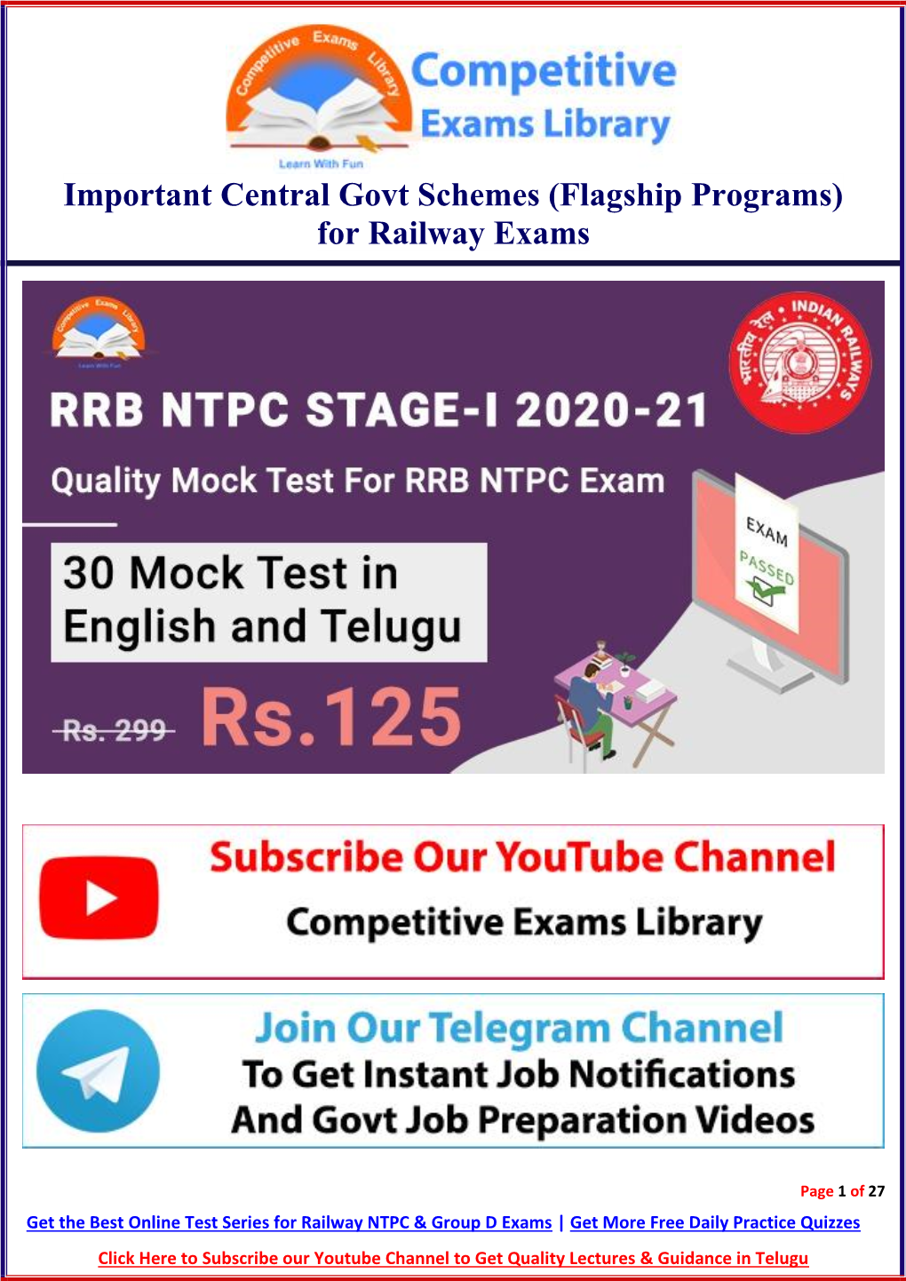 Important Central Govt Schemes (Flagship Programs) for Railway Exams