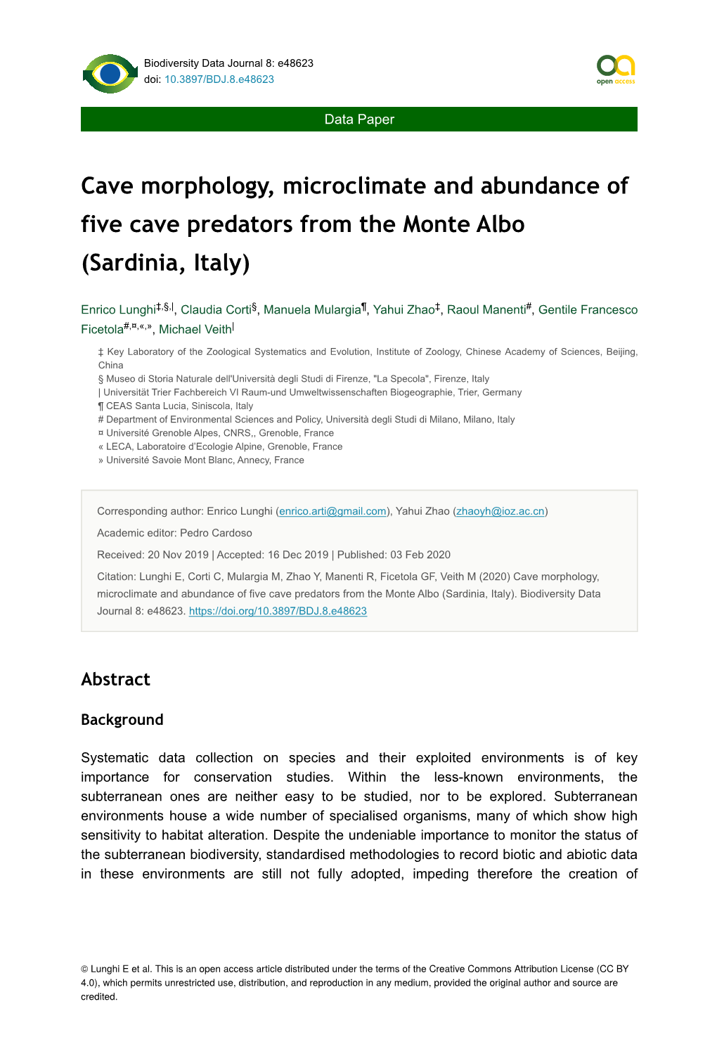 Cave Morphology, Microclimate and Abundance of Five Cave Predators from the Monte Albo (Sardinia, Italy)