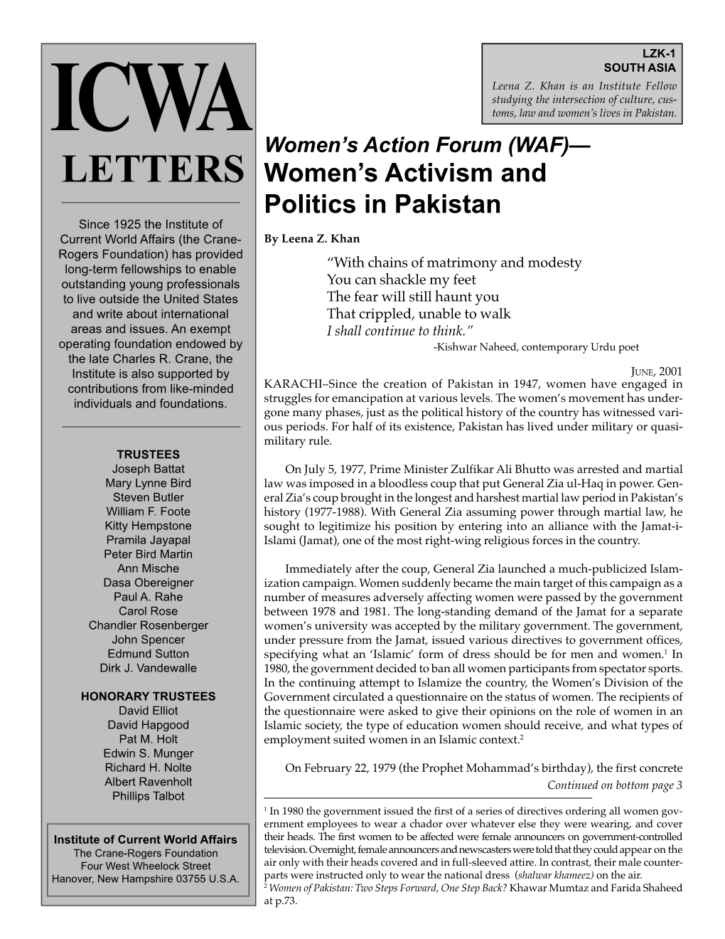(WAF): Women's Activism and Politics in Pakistan