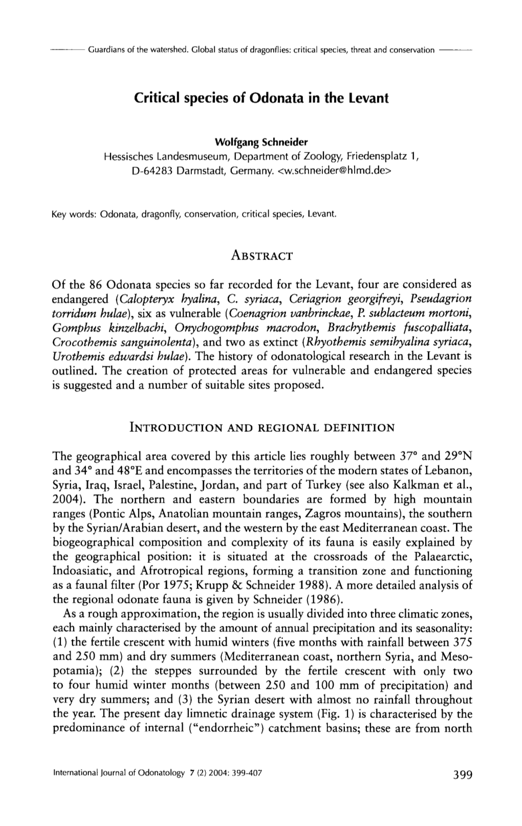 Critical Species of Odonata in the Levant Endangered ( Calopteryx