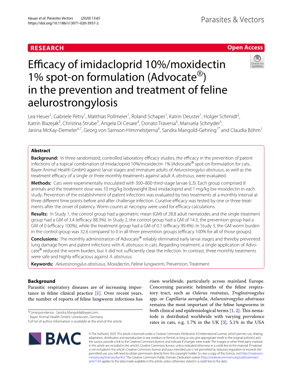 Efficacy of Imidacloprid 10%/Moxidectin 1% Spot-On