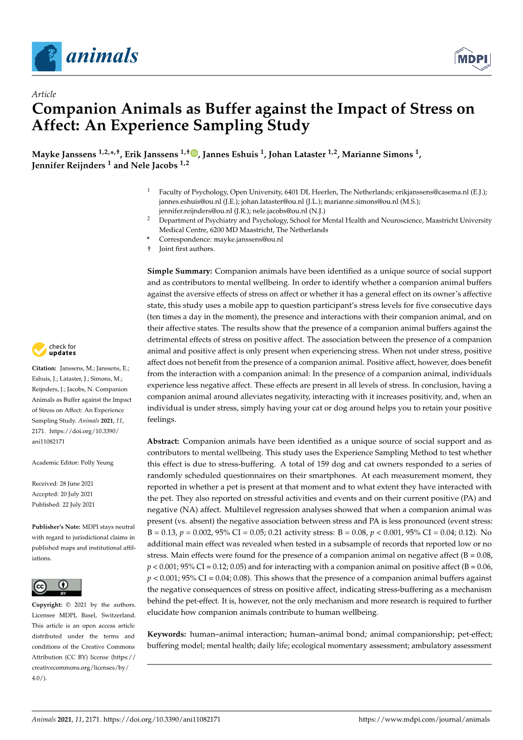 Companion Animals As Buffer Against the Impact of Stress on Affect: an Experience Sampling Study