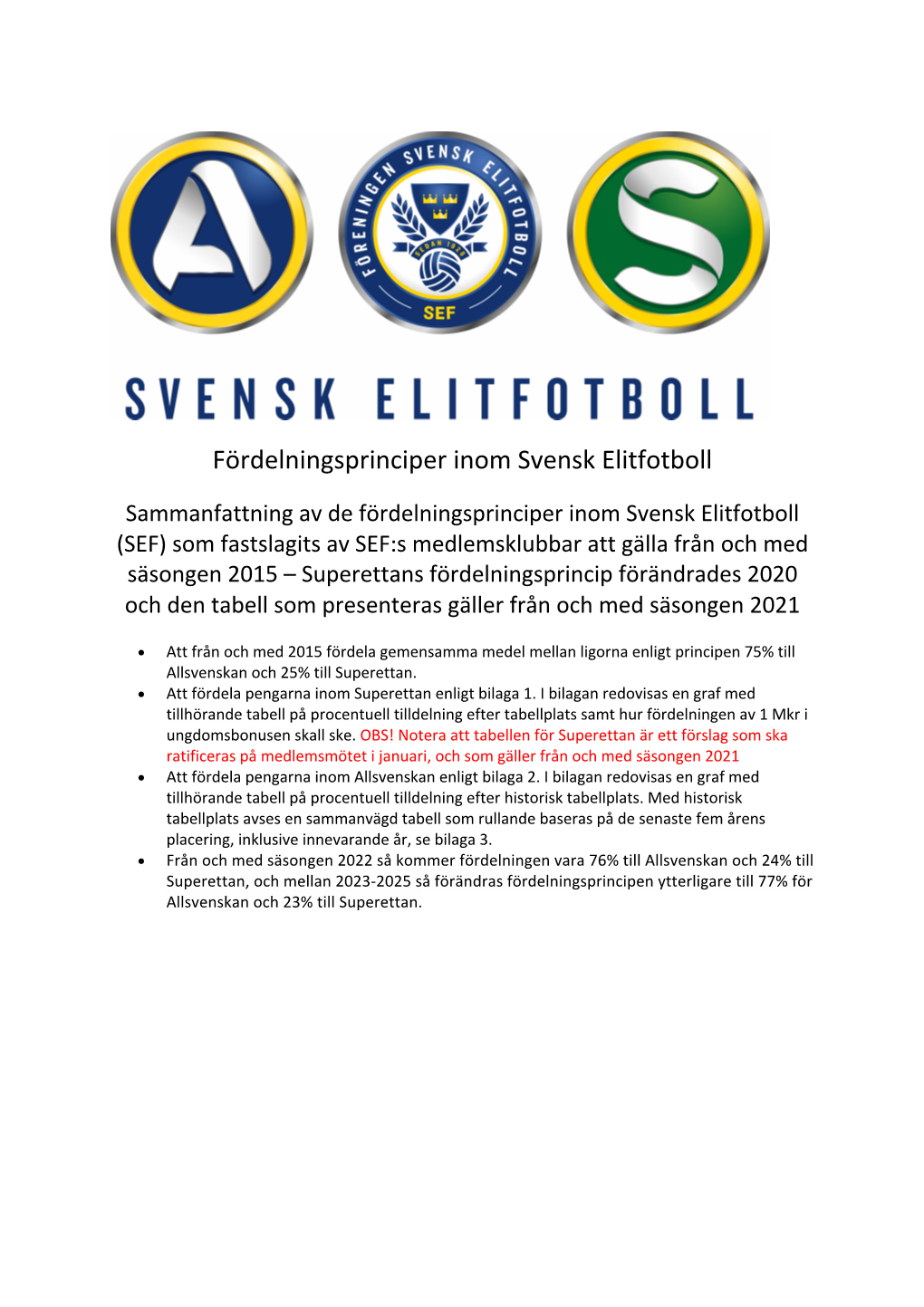Fördelningsprinciper Inom Svensk Elitfotboll